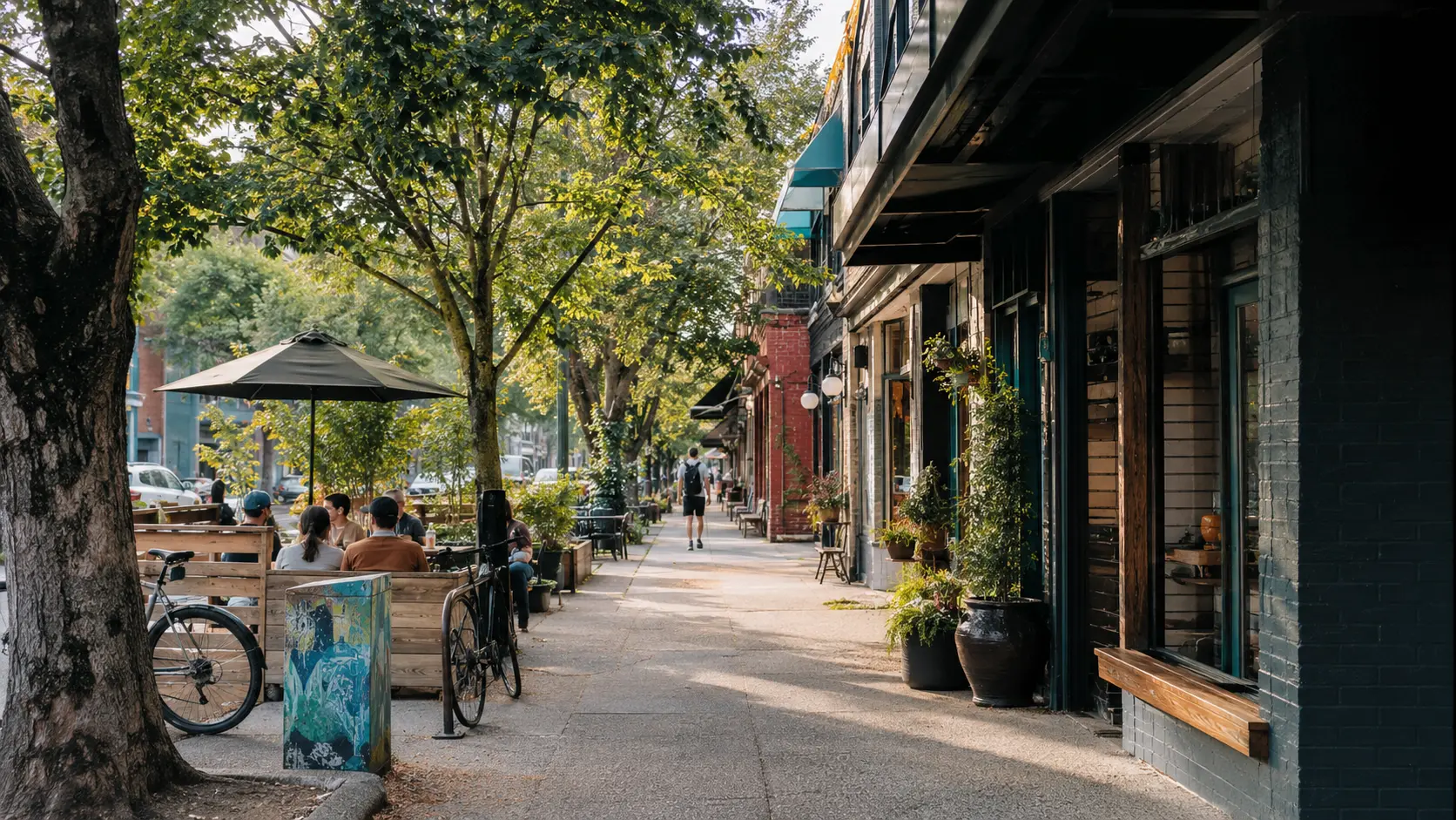 Independent storefronts and café patio along a tree-lined Vancouver street